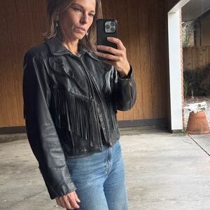 Protech leather fringe jacket, black western Moto biker made in USA